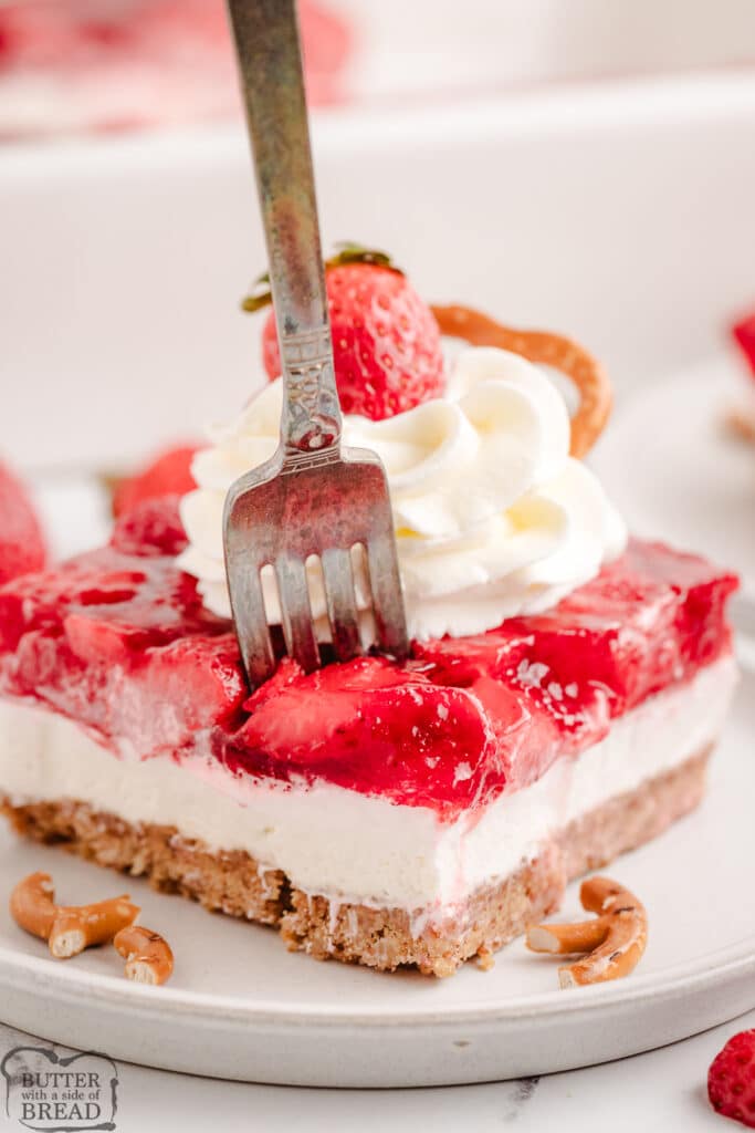forkful of strawberry jello pretzel salad