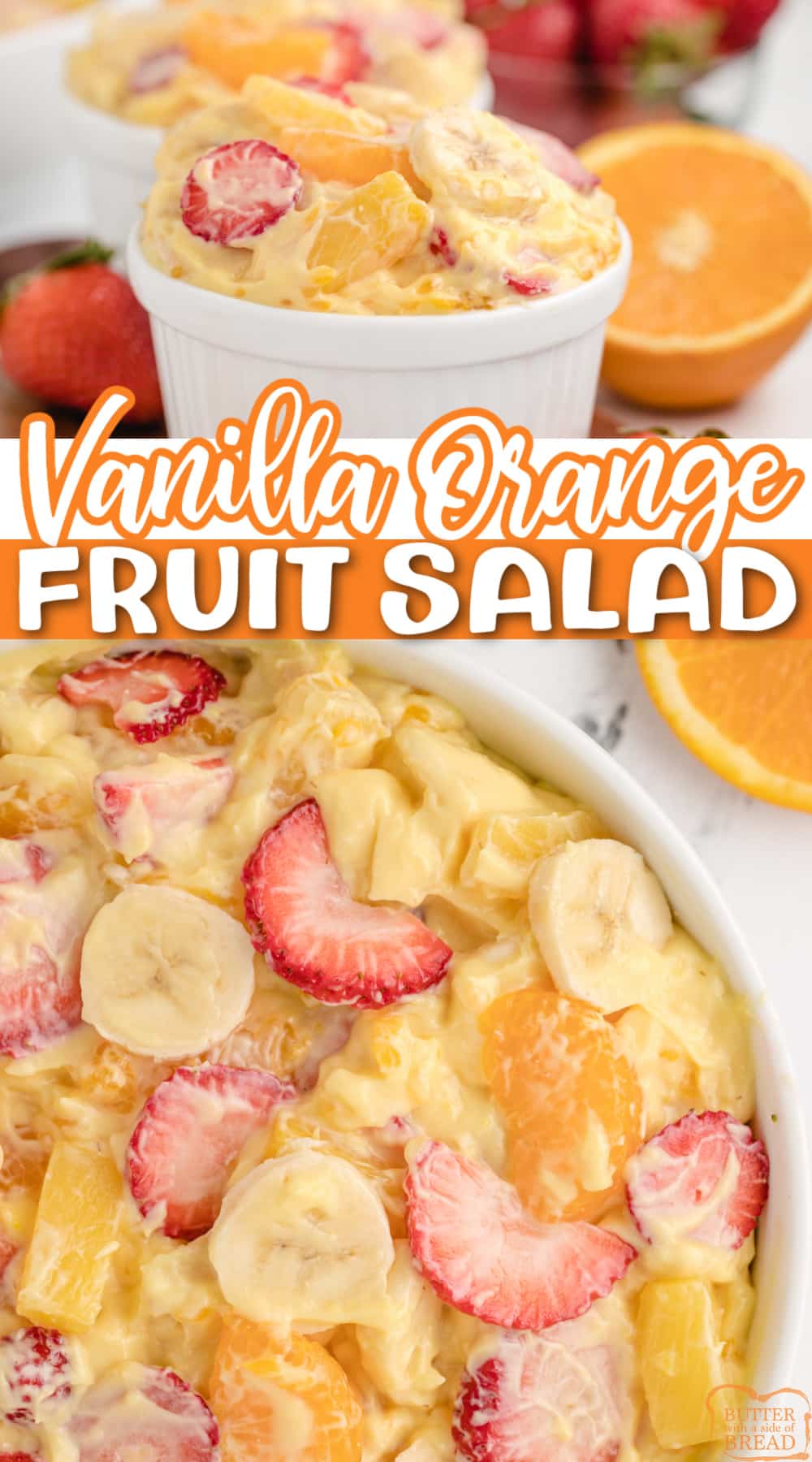 Vanilla Orange Fruit Salad is a simple fruit salad that makes the perfect side dish for any meal! This delicious fruit salad recipe is full of pineapple, oranges, strawberries and bananas coated with a vanilla pudding and yogurt glaze.