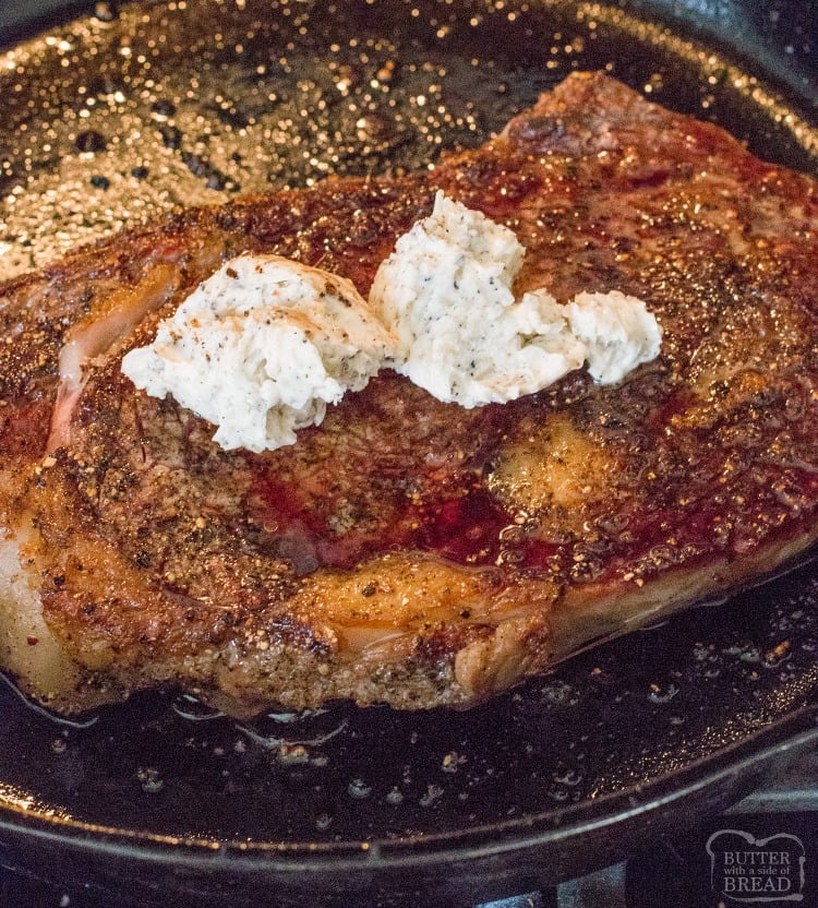 Simple recipe for Pan-Fried Steak topped with garlic butter that everyone raves about! Done in 15 minutes & easily the BEST recipe for steak cooked on a stove EVER.