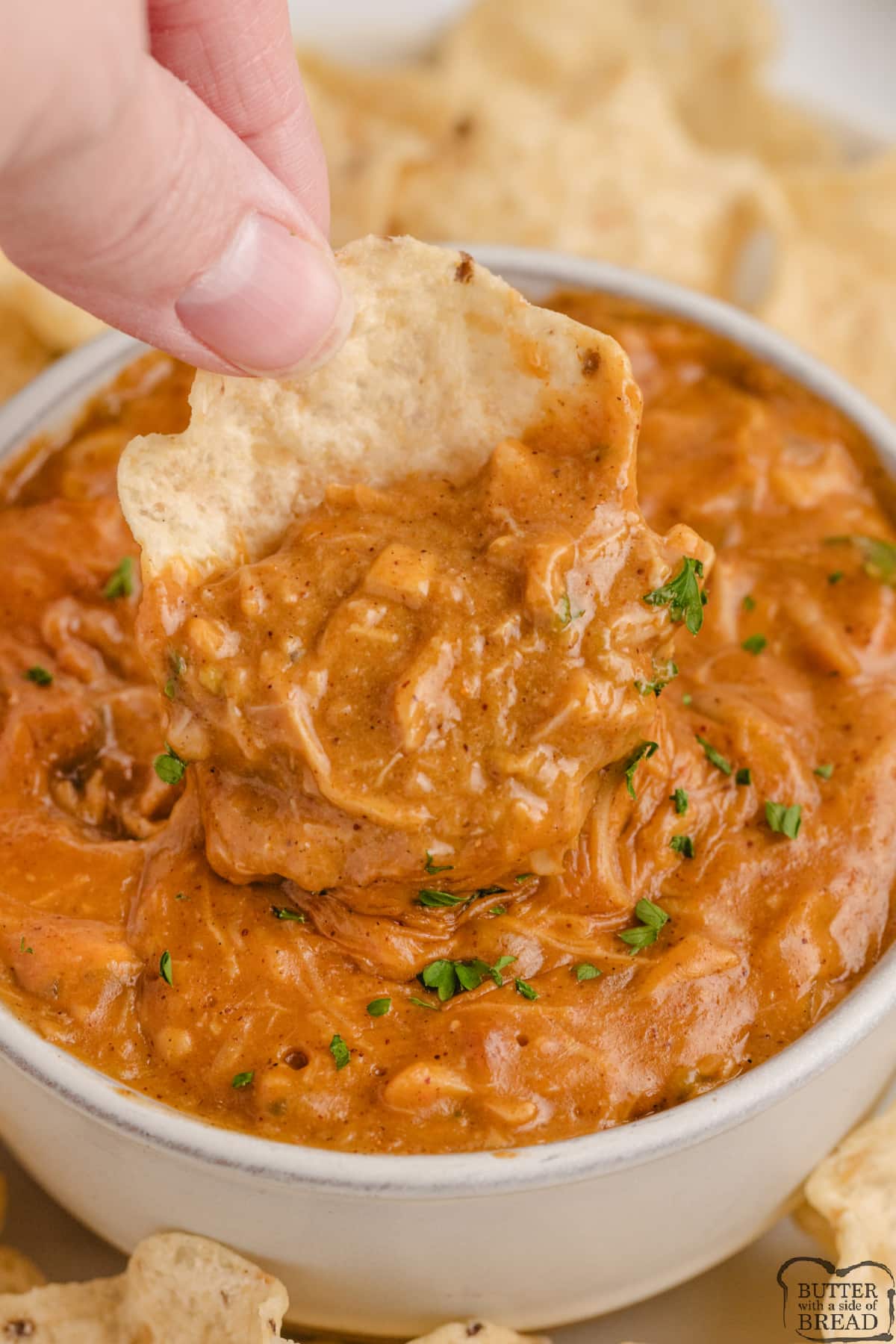 Cheesy Chicken Enchilada Dip is loaded with cheese, chicken, and a little bit of spice too! Add some chips and this is the perfect easy appetizer for a party!