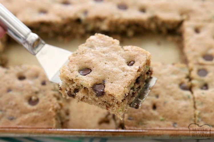 Chocolate Chip Zucchini Bars made with ripe zucchini and has all the zucchini bread flavors! One of my favorite easy zucchini recipes; these bars are a real crowd pleaser!