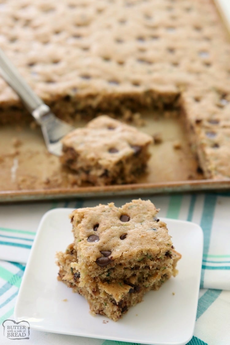 Chocolate Chip Zucchini Bars made with ripe zucchini and has all the zucchini bread flavors! One of my favorite easy zucchini recipes; these bars are a real crowd pleaser!