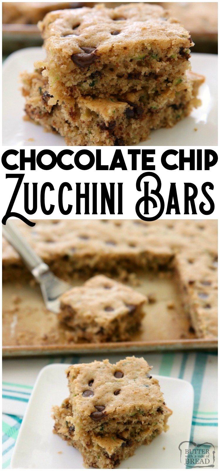 Chocolate Chip Zucchini Bars made with ripe zucchini and has all the zucchini bread flavors! One of my favorite easy zucchini recipes; these bars are a real crowd pleaser! #zucchini #quickbread #cake #baking #chocolatechip #recipe #snack from BUTTER WITH A SIDE OF BREAD