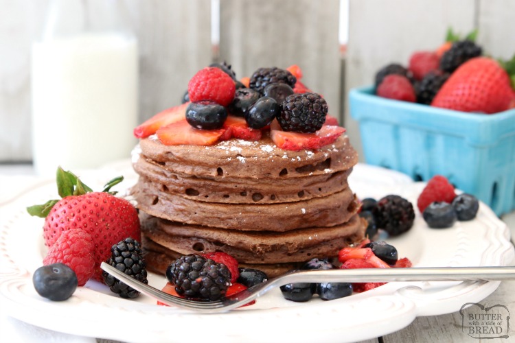 Chocolate Protein Pancakes are sweet protein pancake recipe made with chocolate chips & topped with fresh berries. Perfect for a satisfying breakfast, brunch or dinner!