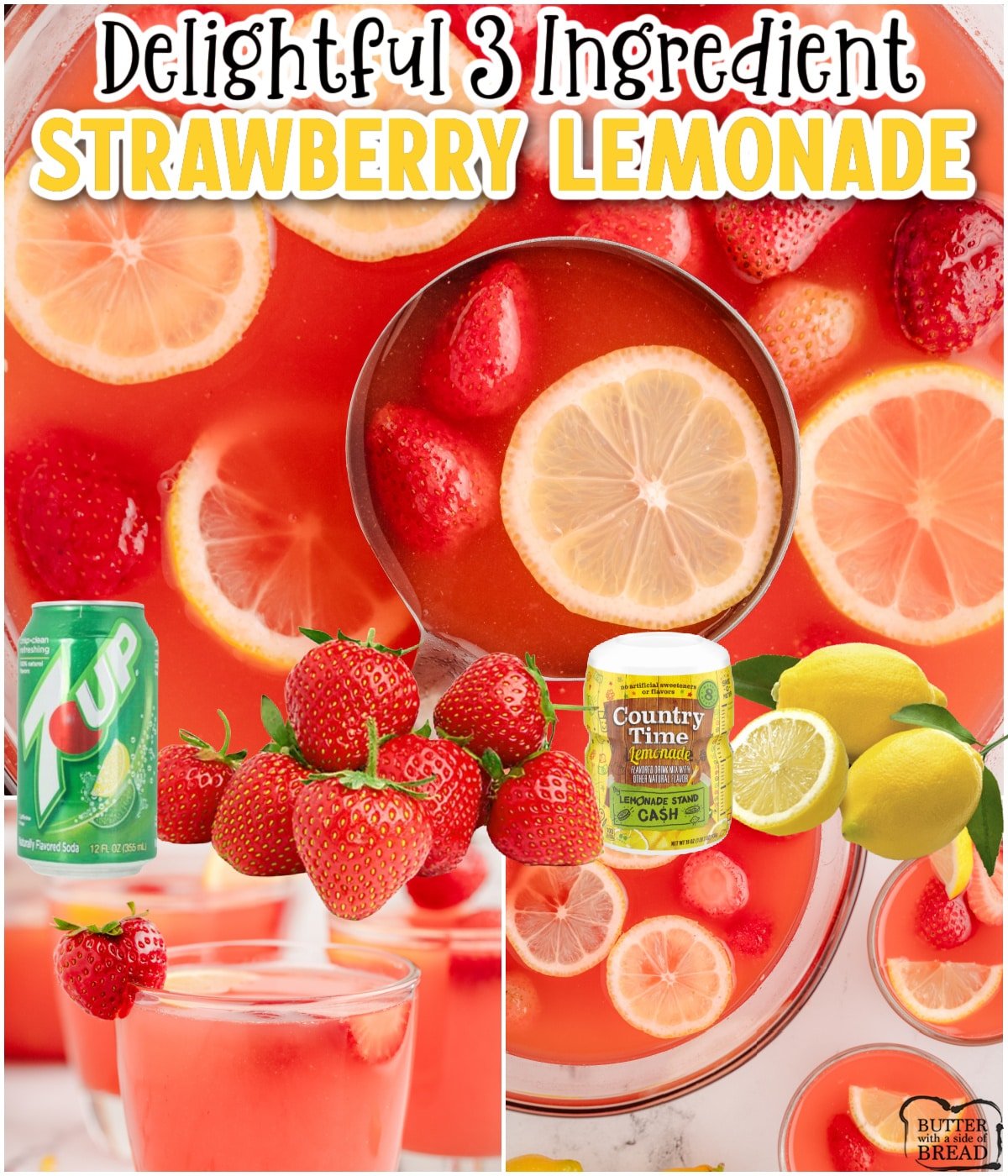 3 Ingredient Strawberry Lemonade Punch is made easy & tastes incredible! Strawberries, lemonade mix & soda combine for a refreshing treat! 