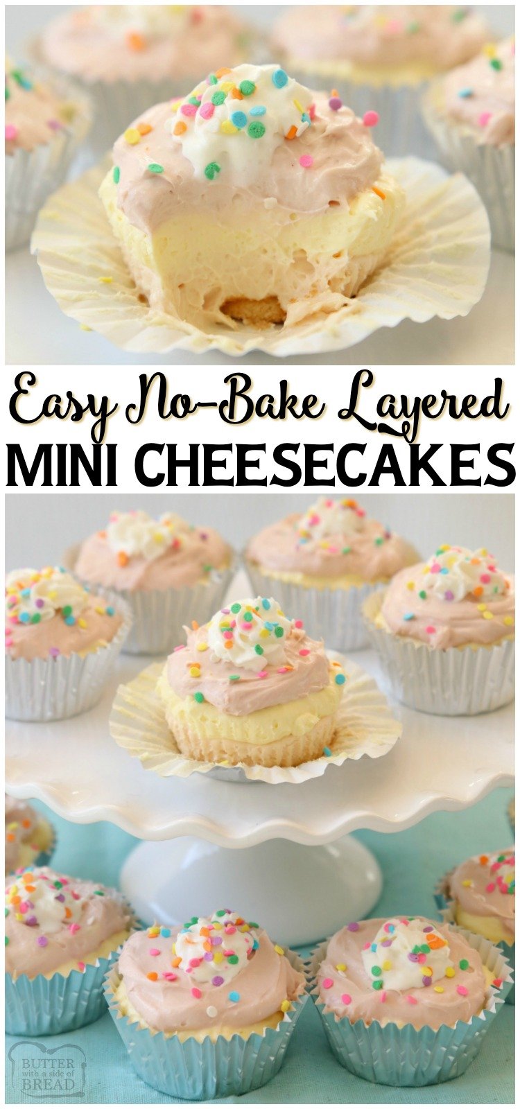 Mini No-Bake Cheesecakes perfect for Spring! Easy pastel desserts with sweet, creamy vanilla cheesecake filling that's put together in minutes. #cheesecake #nobake #Easter #pastel #dessert #recipe #Nillawafers from BUTTER WITH A SIDE OF BREAD