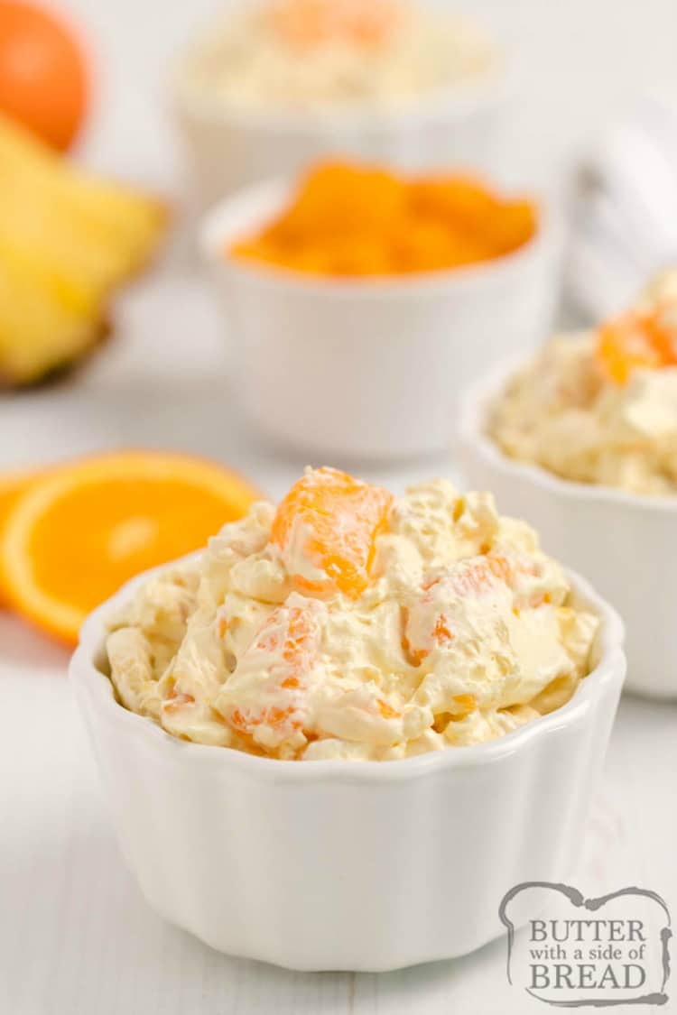 Orange Cream Fruit Salad is a delicious fruit salad filled with oranges, pineapple and bananas with a sweet orange cream mixed in! Perfect fruit salad recipe to go alongside holiday dinner.