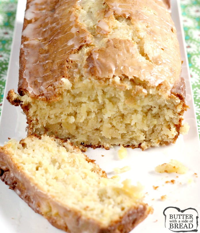 Pineapple Quick Bread is sweet, moist and absolutely delicious, especially with a simple pineapple glaze on top! This quick bread is made with crushed pineapple, cream cheese, sour cream and a few other basic ingredients.