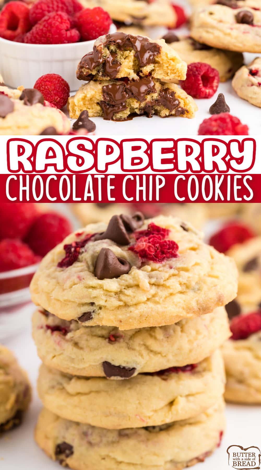 Raspberry Chocolate Chip Cookies made with fresh raspberries and chocolate chips. Adding fresh raspberries to a classic chocolate chip cookie recipe makes a delicious difference!
