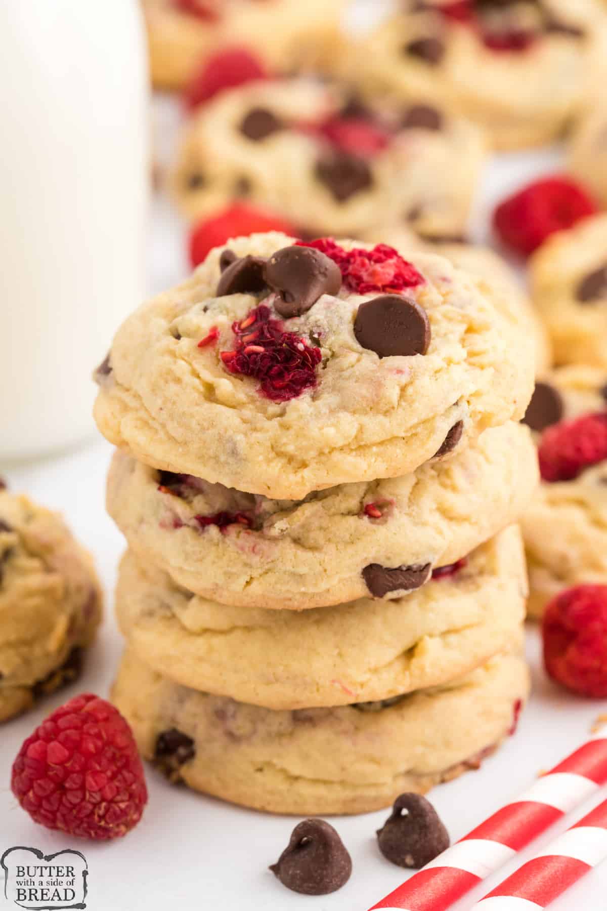Cookies made with chocolate chips and fresh raspberries