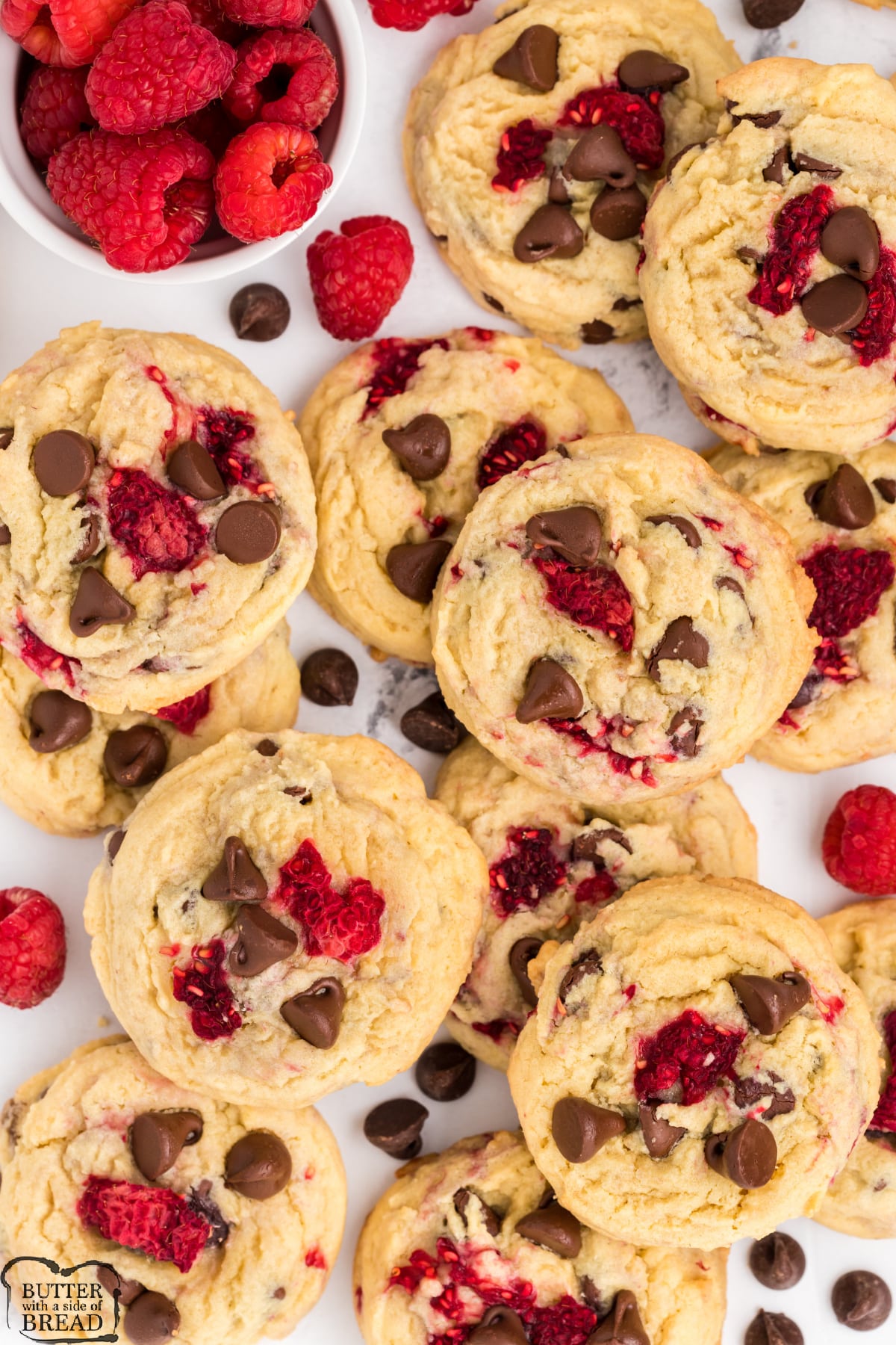 Raspberry Chocolate Chip Cookies made with fresh raspberries and chocolate chips. Adding fresh raspberries to a classic chocolate chip cookie recipe makes a delicious difference!