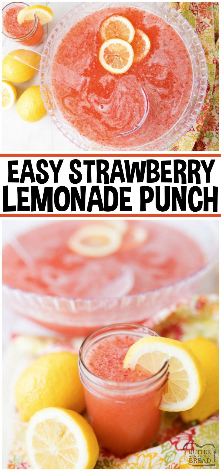 Strawberry Lemonade Punch is a simple & delicious 3 ingredient party drink! This Strawberry Lemonade recipe is refreshing and a breeze to whip together. Lemon-Lime Soda, powdered lemonade mix and frozen strawberries is all you need to make this sparkling party punch. #punch #lemonade #strawberry #party #beverage #mocktail #recipe from BUTTER WITH A SIDE OF BREAD