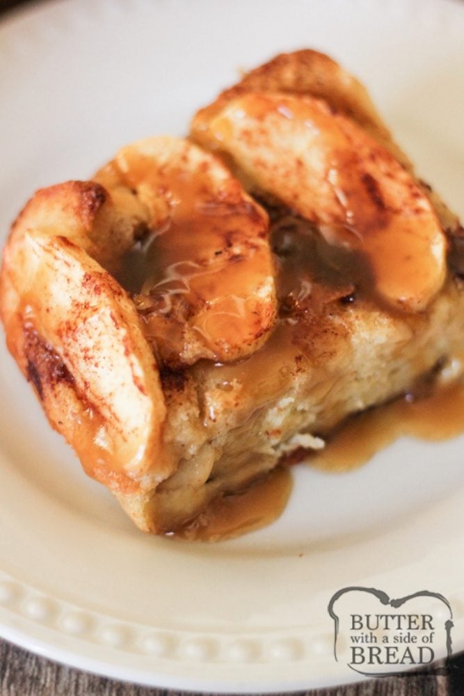 Slice of apple bread pudding with caramel sauce