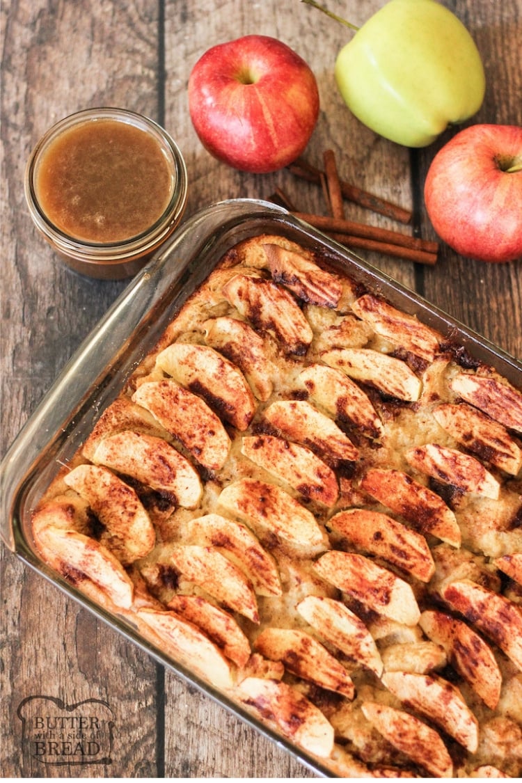 Pan of baked apple bread pudding