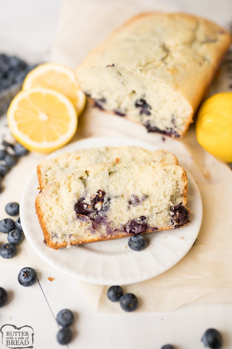 lemon blueberry quick bread, baked, sliced and served.