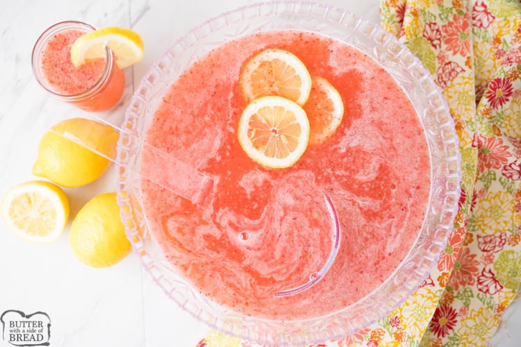 Strawberry Lemonade Punch is a simple & delicious 3 ingredient party drink! This Strawberry Lemonade recipe is refreshing and a breeze to whip together. Lemon-Lime Soda, powdered lemonade mix and frozen strawberries is all you need to make this sparkling party punch.