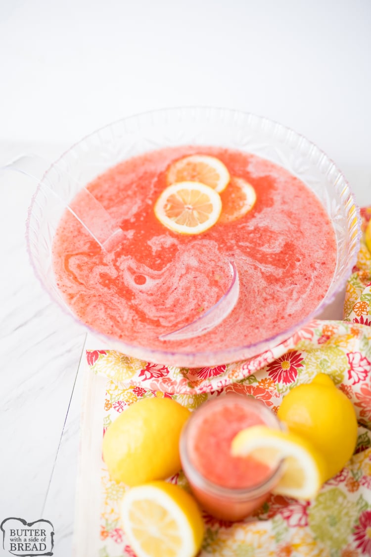 Strawberry Lemonade Punch is a simple & delicious 3 ingredient party drink! This Strawberry Lemonade recipe is refreshing and a breeze to whip together. Lemon-Lime Soda, powdered lemonade mix and frozen strawberries is all you need to make this sparkling party punch.