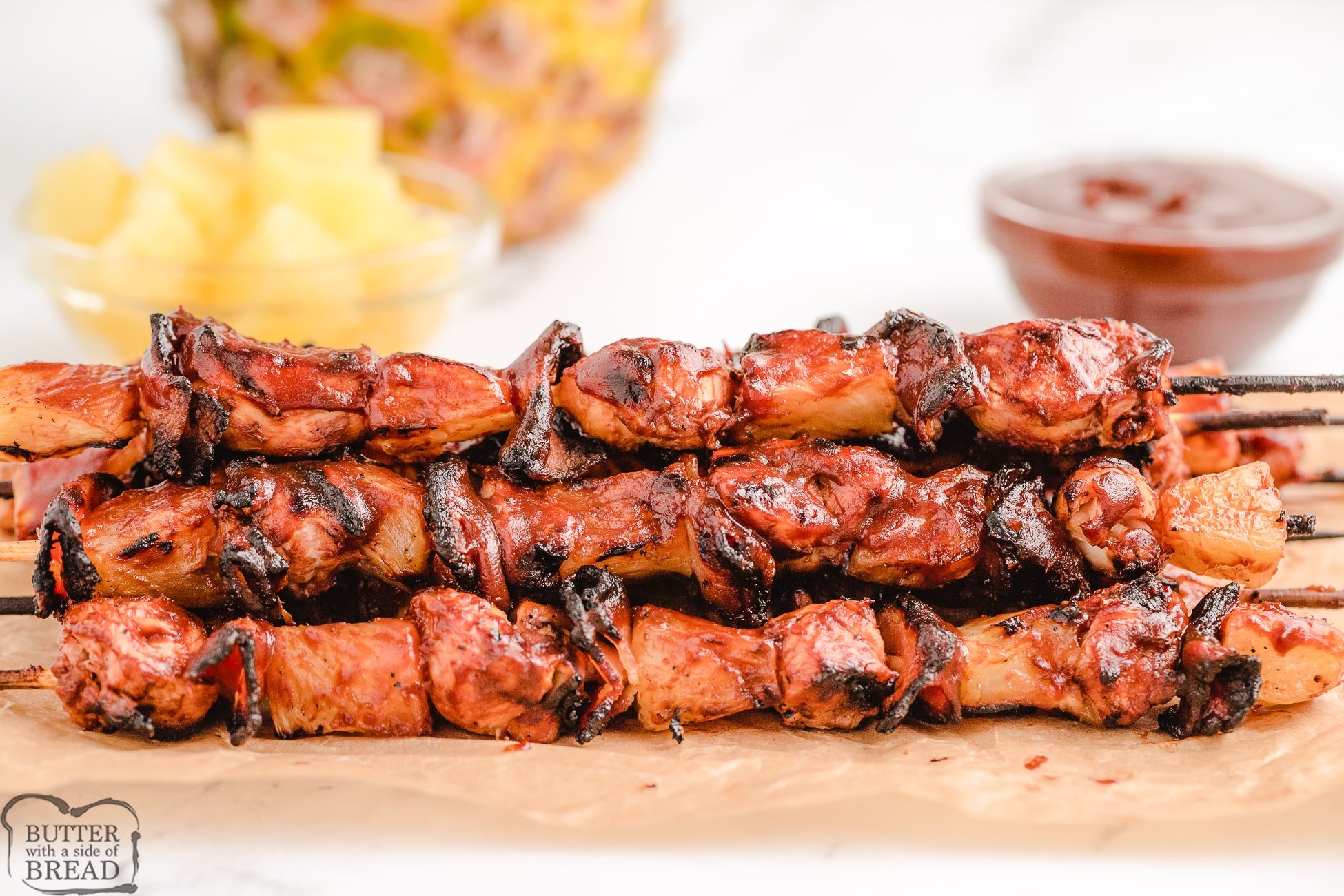 BBQ chicken kabobs with bacon and pineapple