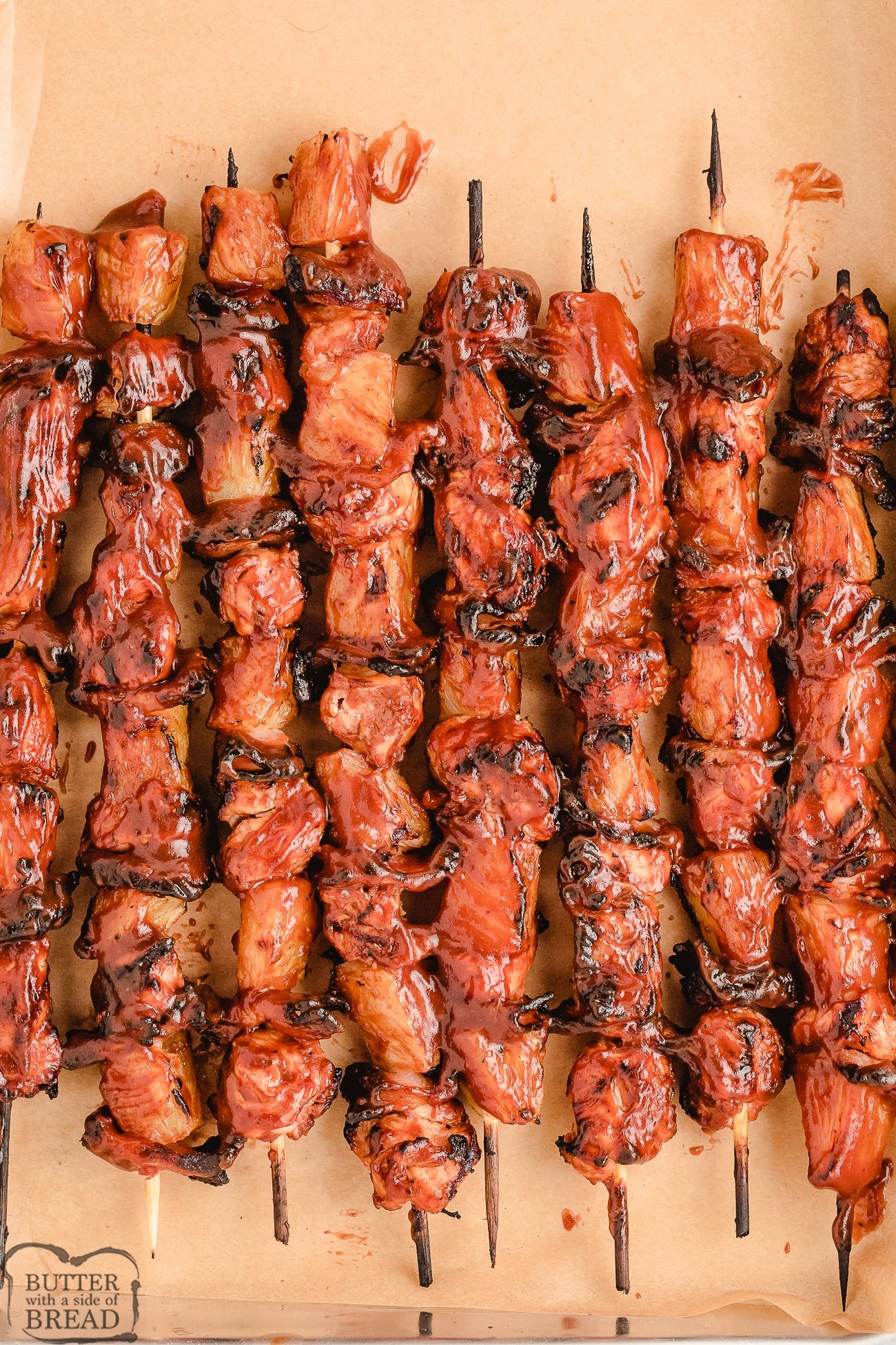 BBQ chicken kabobs on a cutting board