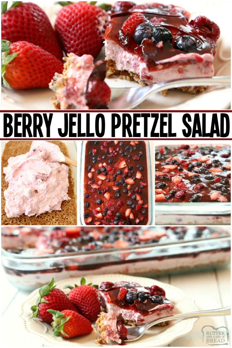 Berry Jello Pretzel Salad made with fresh berries & fruity Jell-O on a buttery pretzel crust! Gorgeous Jello salad recipe that tastes amazing and is so easy to make.