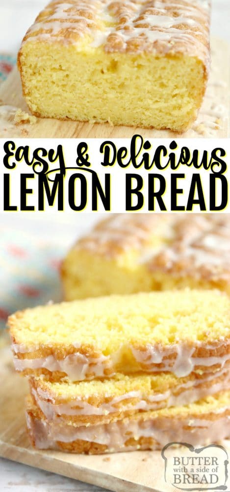 Easy Lemon Bread is moist, full of lemon flavor & made with a cake mix, lemon pudding mix, oil, water and eggs! Simple lemon sweet bread ready in about an hour!