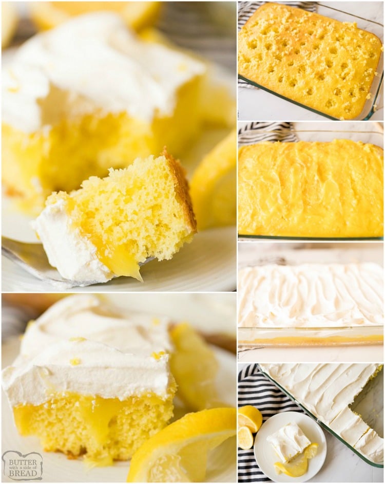 Lemon Poke Cake made with 3 ingredients and so simple! Delicious, easy poke cake recipe with a sweet lemon flavor topped with whipped cream. 