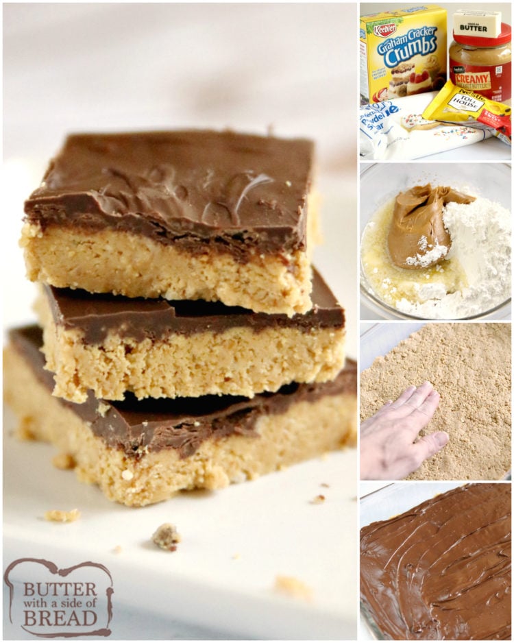 No Bake Peanut Butter Bars are made with only five ingredients and they taste like Reese's Peanut Butter Cups! Chocolate and peanut butter come together in this delicious no bake dessert recipe.
