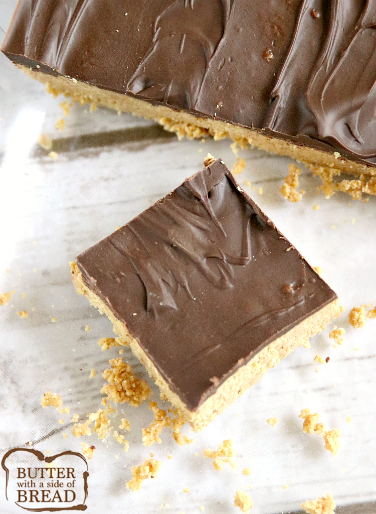 No Bake Peanut Butter Bars are made with only five ingredients and they taste like Reese's Peanut Butter Cups! Chocolate and peanut butter come together in this delicious no bake dessert recipe.