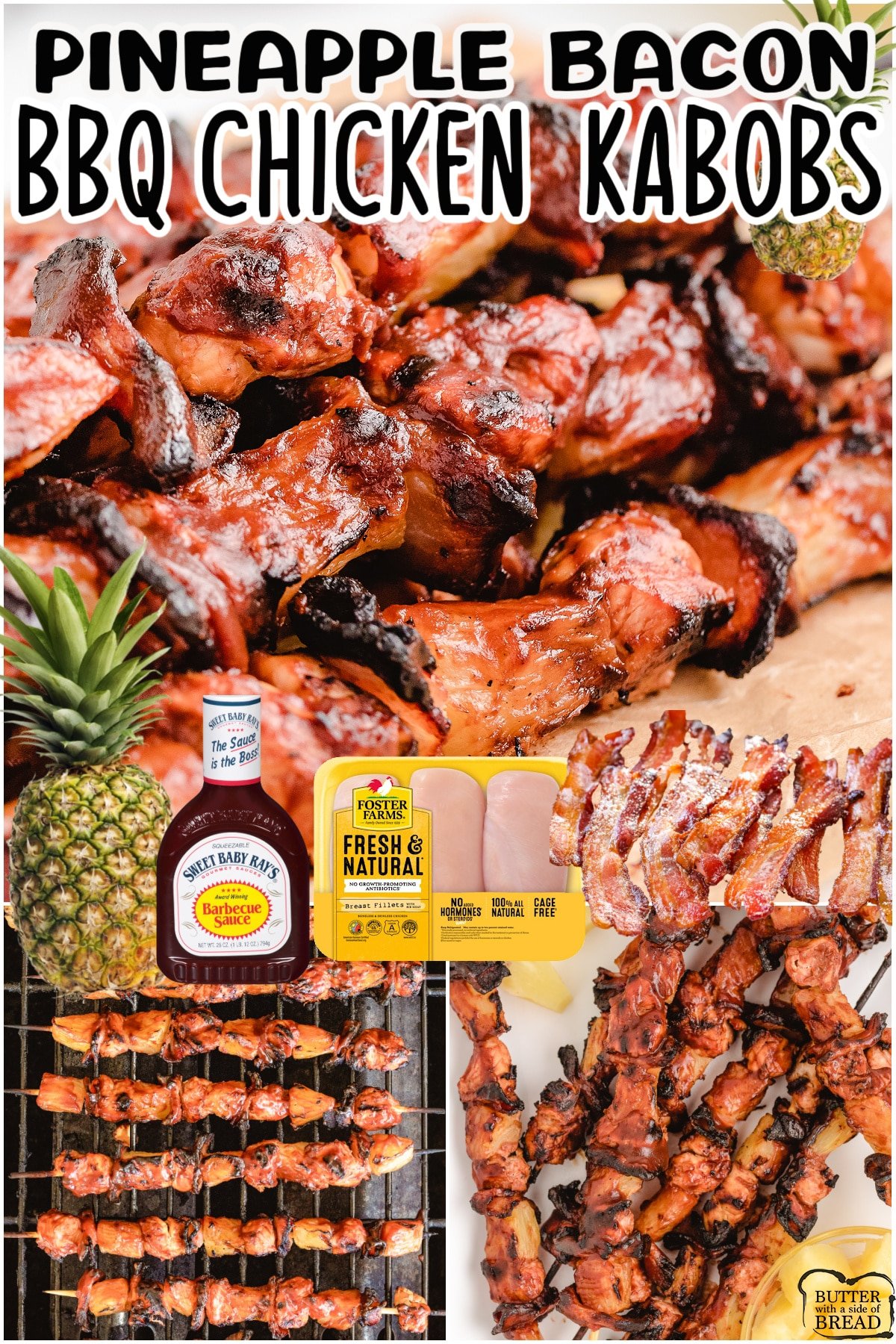 Easy BBQ Chicken kabobs with bacon and pineapple, slathered with bbq sauce. Fantastic grilled chicken kabobs everyone loves! 