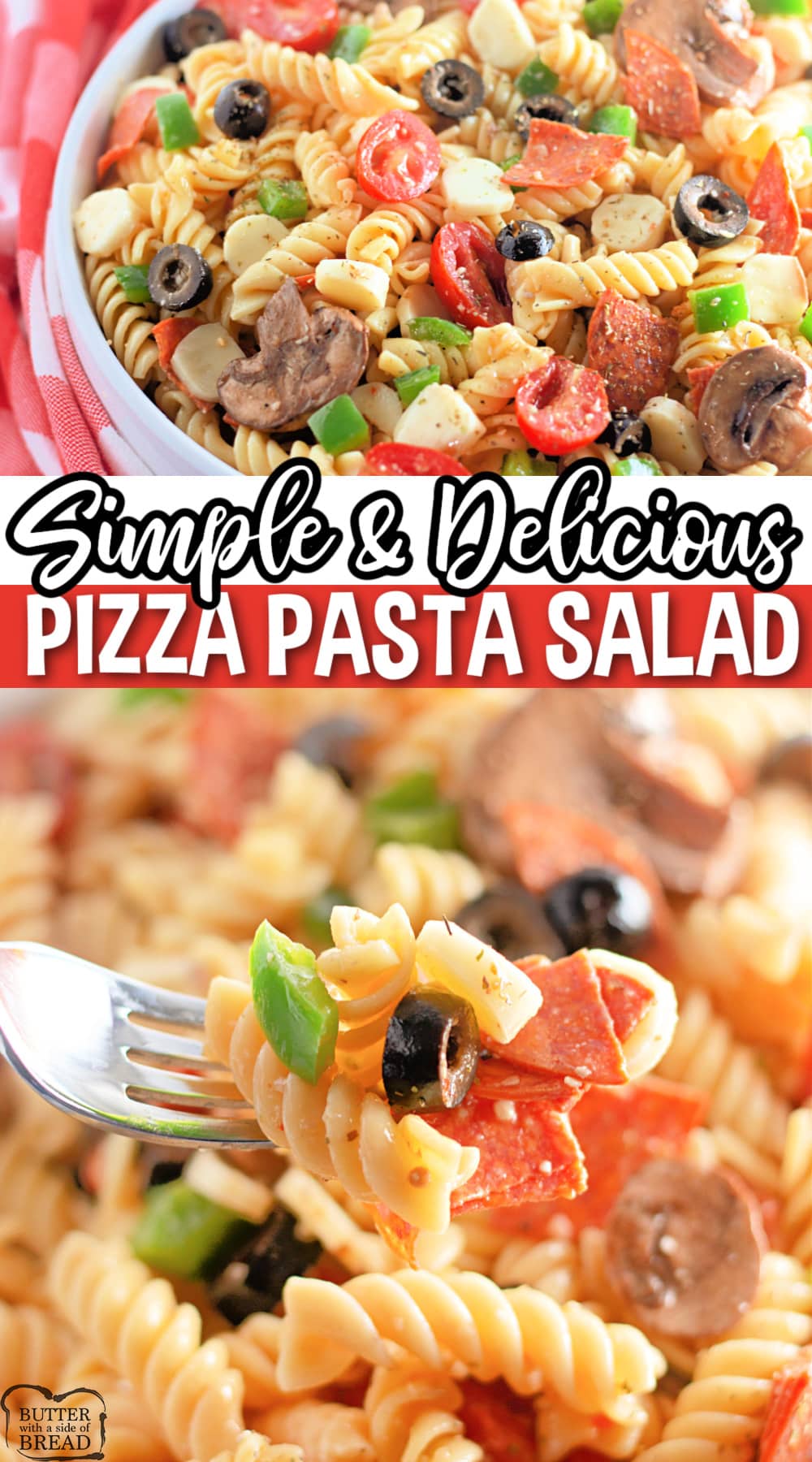 Pizza Pasta Salad is easy to make and full of pepperoni, mozzarella cheese, olives and all of your other favorite pizza toppings. This cold pasta salad recipe is perfect for parties and potlucks or even just a simple weeknight dinner. 