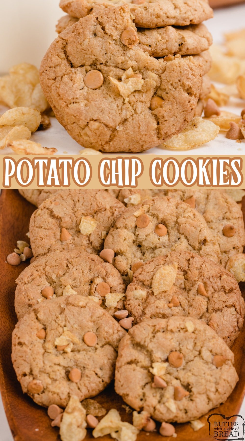 Potato Chip Cookies are the perfect combination of salty and sweet! Butterscotch chips and potato chips pair together so well in this potato chip cookie recipe!