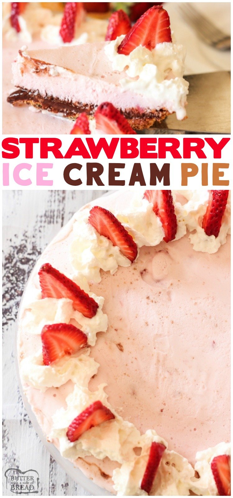 Strawberry Ice Cream Pie is a simple dessert made with a graham cracker crust, hot fudge and strawberry ice cream. This ice cream pie recipe comes together quick with just a few ingredients.