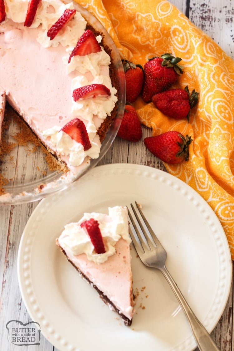 slice of strawberry ice cream pie on a white plate