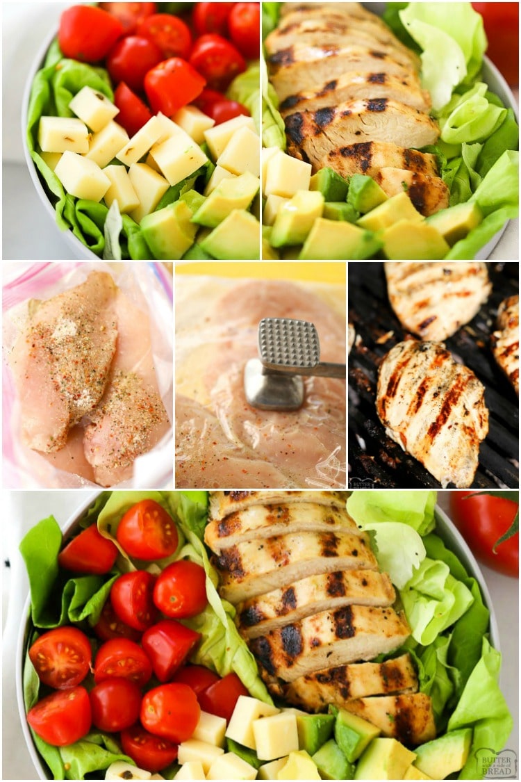 This Grilled Chicken Salad Recipe with Pesto Ranch Dressing is a quick and easy grilled chicken salad recipe.  It includes a simple grilled chicken marinade recipe that makes the most tender and juicy grilled chicken and a delicious pesto ranch dressing everyone will love.  #grilledchicken #salad #healthydinner #recipefrom Butter With a Side of Bread