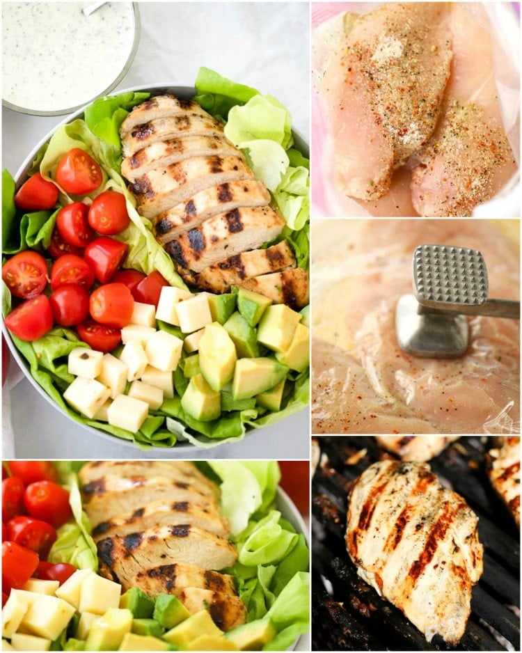 How to make Grilled Chicken Salad with pesto dressing. This Grilled Chicken Salad Recipe with Pesto Ranch Dressing is a quick and easy grilled chicken salad recipe.  It includes a simple grilled chicken marinade recipe that makes the most tender and juicy grilled chicken and a delicious pesto ranch dressing everyone will love.  