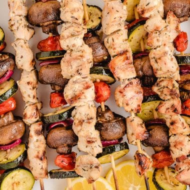 Greek chicken souvlaki with grilled vegetables