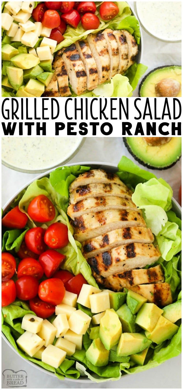 We love this  Grilled Chicken Salad Recipe with Pesto Ranch Dressing.  It is so easy and comes together so quickly. It's such a great grilled chicken salad recipe.  It includes a simple grilled chicken marinade recipe that makes the most tender and juicy grilled chicken and a delicious pesto ranch dressing everyone will love. #grilledchicken #healthysaladrecipes #pesto #ranch #recipefrom Butter With a Side of Bread