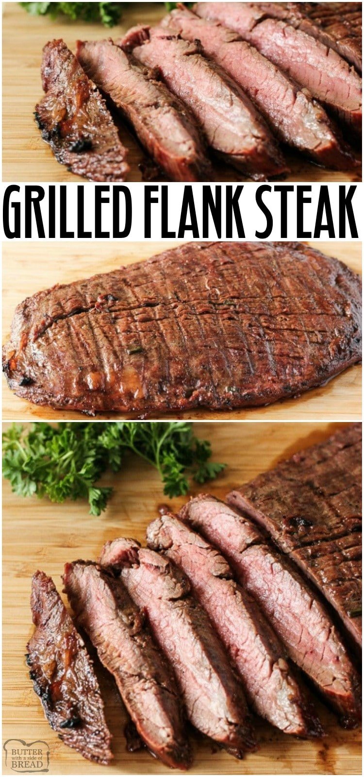 Grilled Flank Steak is so simple to make with a simple and flavorful flank steak marinade made up of soy sauce, red wine vinegar, honey, garlic, ginger and green onions. This steak recipe cooks up quick and can easily feed a crowd. #flanksteak #steakrecipes #howtocooksteak #flanksteakmarinade #flanksteakrecipes #recipefrom Butter With a Side of Bread