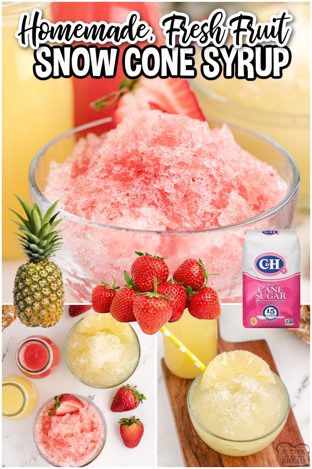 Homemade Snow Cone Syrup is perfect for a cool summer treat! This snow cone syrup recipe is made with fresh fruit, which is a much healthier and more delicious option than the store-bought syrups.