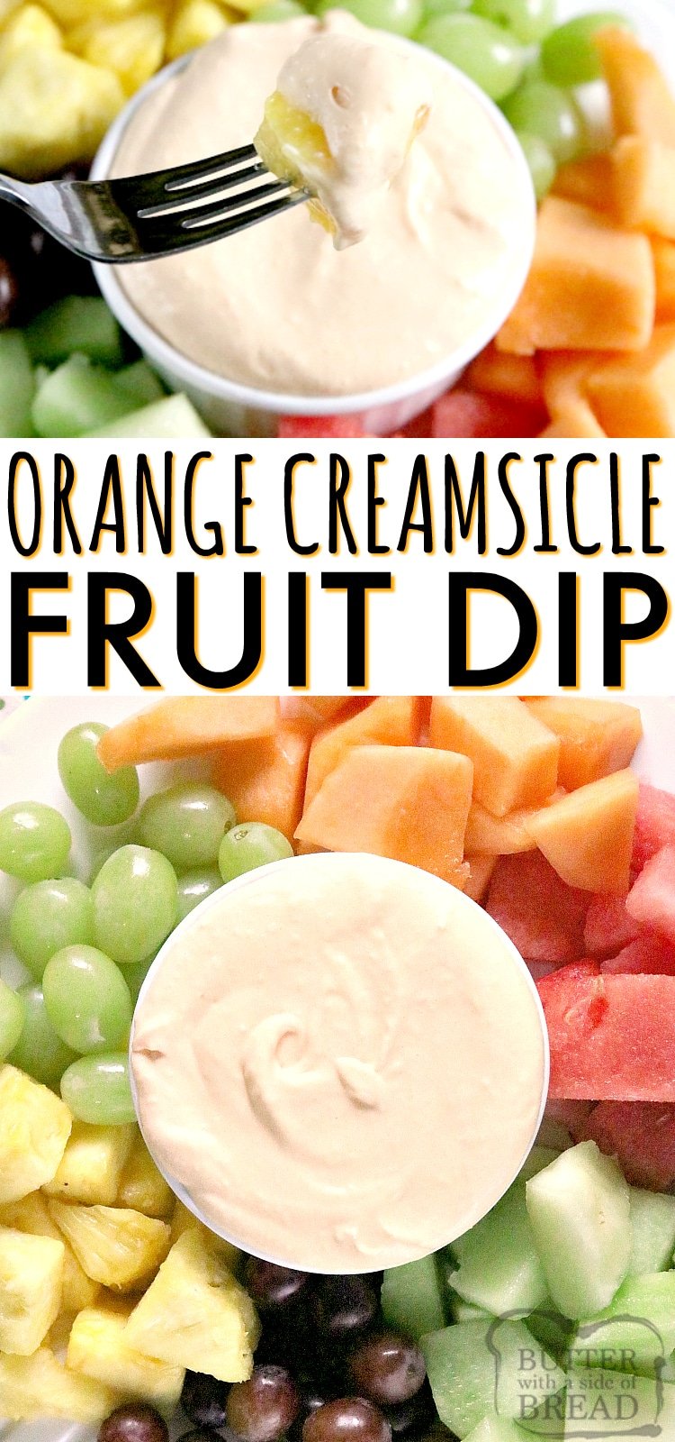 Orange Creamsicle Fruit Dip is sweet, delicious and bursting with orange flavor! This fruit dip recipe is very simple with only 3 ingredients, and it tastes amazing with all of your favorite fruits!