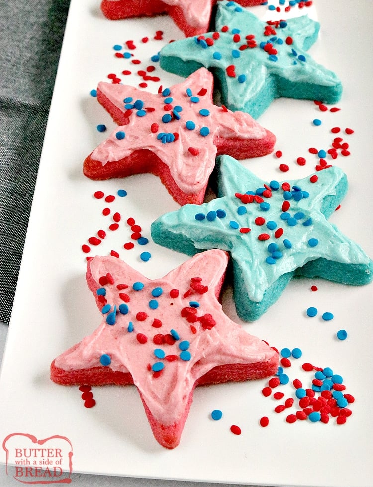 Patriotic Jello Sugar Cookies are easy to make with red and blue jello and a simple buttercream frosting that can be flavored to match! These sugar cookies can be rolled and cut out into shapes or just quickly scooped out into balls.