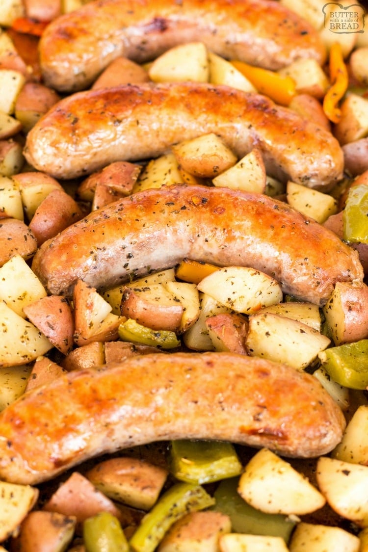 Sausage and Peppers recipe is a delicious, hearty, easy to make sheet pan dinner. With just a few ingredients Baked Italian Sausage & Peppers is quick and simple. #sausage #peppers #potatoes #easydinner #veggies #recipefrom Butter With a Side of Bread
