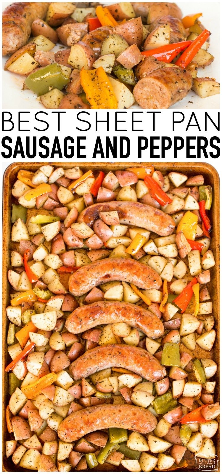 Sausage and Peppers recipe is a delicious, hearty, easy to make sheet pan dinner. With just a few ingredients Baked Italian Sausage & Peppers is quick and simple. #sausage #peppers #potatoes #easydinner #veggies #recipefrom Butter With a Side of Bread