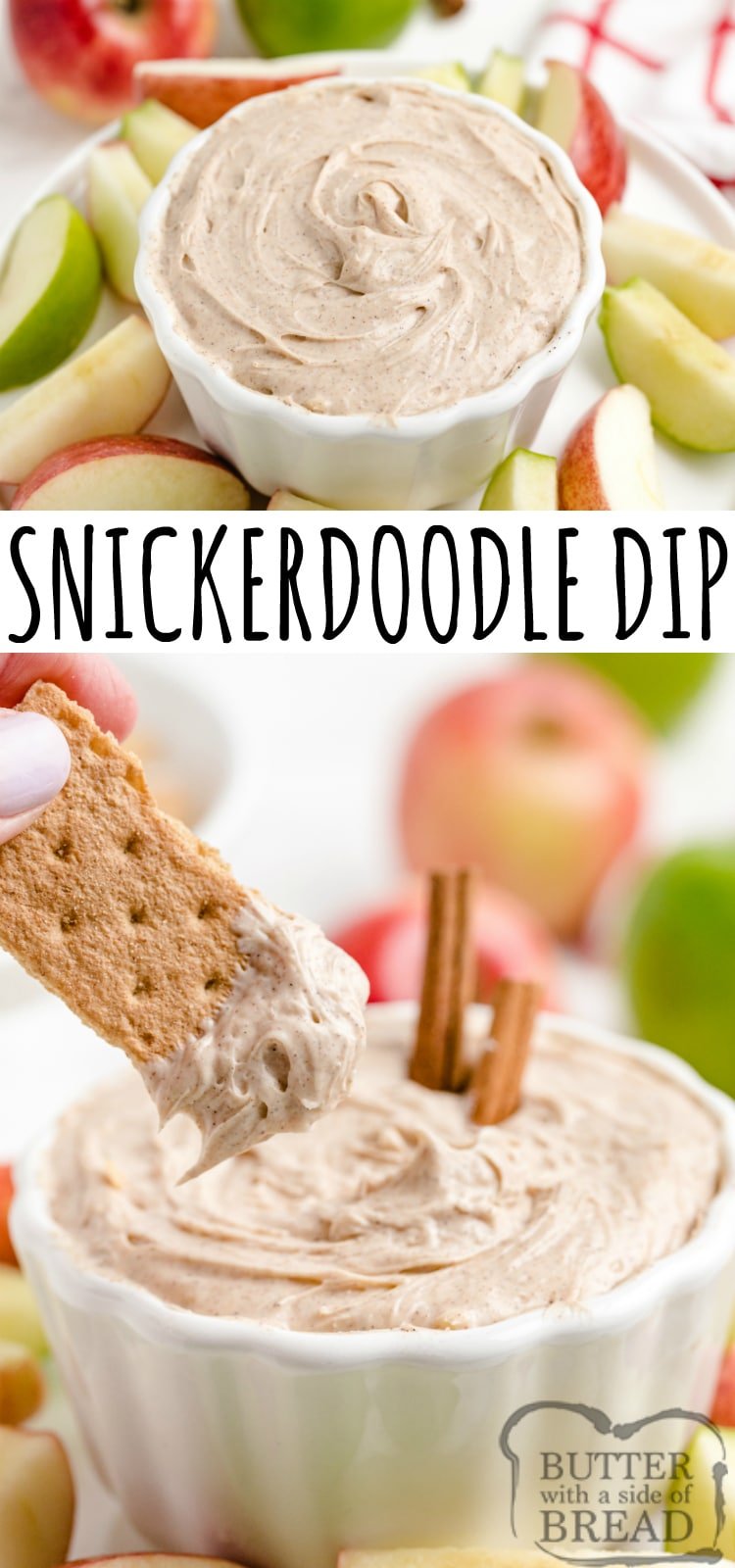 Snickerdoodle Fruit Dip is creamy, delicious and full of the cinnamon flavor that is found in snickerdoodle cookies! This cream cheese fruit dip is super easy to make and is ready to serve within minutes!