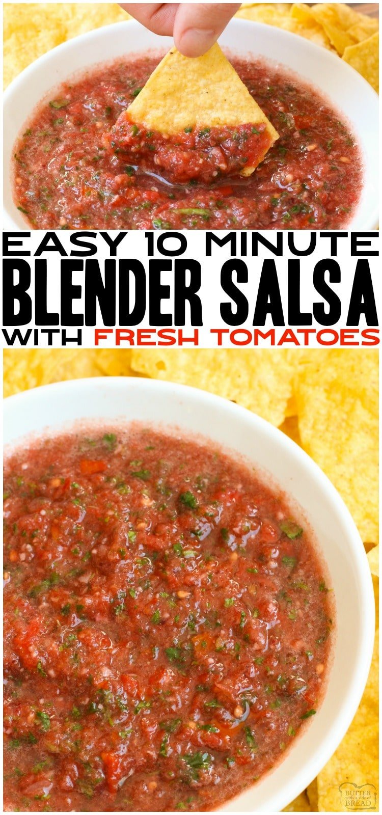 Fresh Blender Salsa made with tomatoes, cilantro, onion and lime juice made super fast in a blender! Better than restaurant homemade salsa recipe with amazing fresh flavor everyone loves. #blendersalsa #homemadesalsa #salsa #howtomakesalsa #recipefrom Butter With a Side of Bread