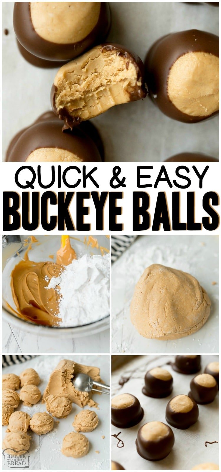 Buckeye Balls are simple, peanut butter and chocolate no bake candies. Buckeye candy is super easy to make and no one can resist these easy homemade candies! #buckeye #candy #chocolate #peanutbutter #dessert #recipe from BUTTER WITH A SIDE OF BREAD