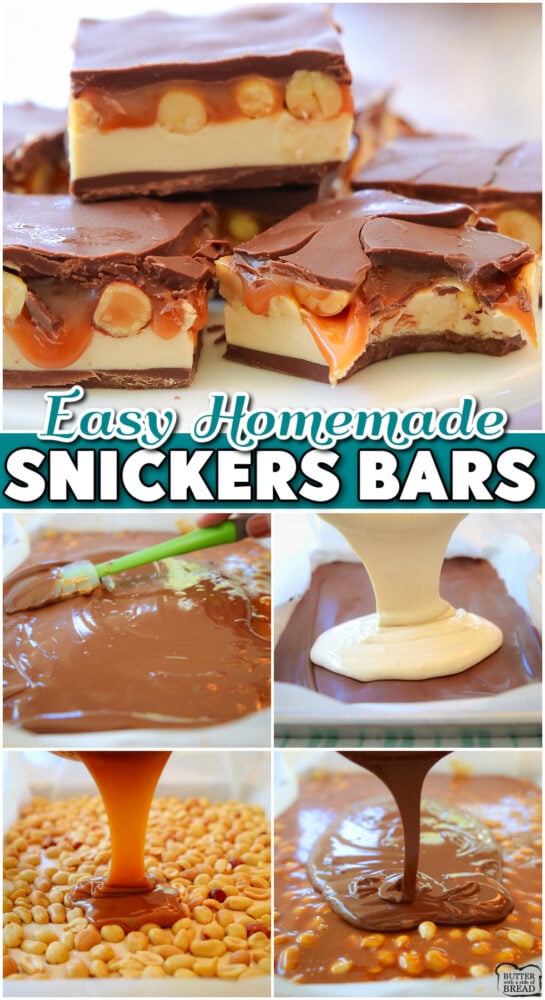Snickers Bars made easy with caramel bits, a simple marshmallow nougat, peanuts & chocolate. Make a whole pan of your favorite candy bar to share!