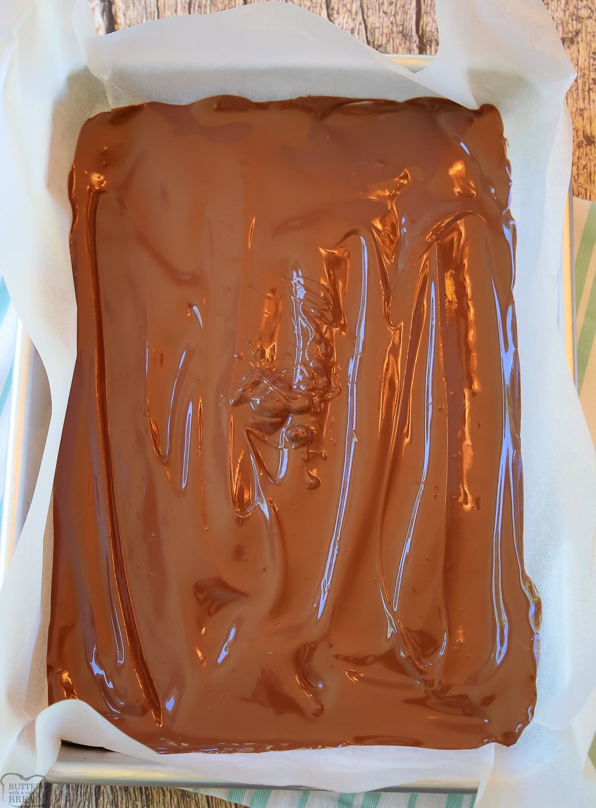 first layer of chocolate for making snickers bars