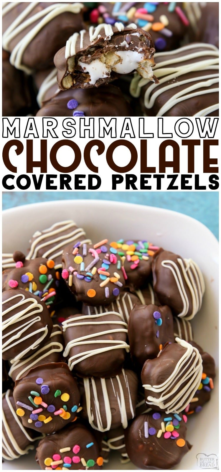 Chocolate Covered Pretzel recipe with marshmallow fluff filling are a delightful cross between s'mores and traditional chocolate pretzels. These chocolate dipped pretzels are easy to make and so delicious! #chocolate #pretzels #marshmallow #nobake #dessert from BUTTER WITH A SIDE OF BREAD