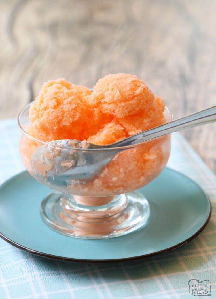 Quick & Easy Orange Sherbet recipe made with just 2 ingredients! Sweet Orange Sherbet perfect for a hot summer day.